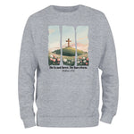 a grey sweatshirt with a picture of a cross on it