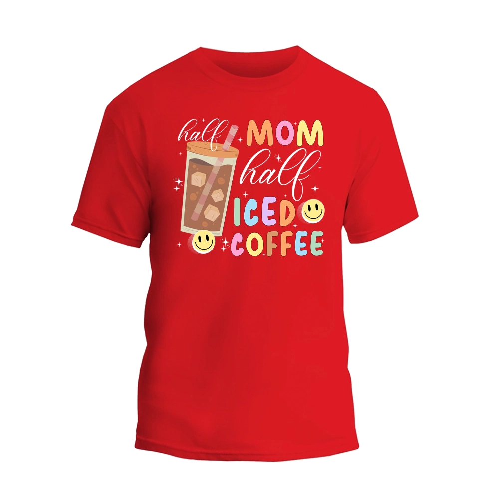 a red t - shirt with a picture of a iced coffee