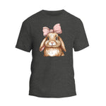 a gray t - shirt with a brown rabbit wearing a bow