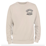 a white sweatshirt with a black and white logo