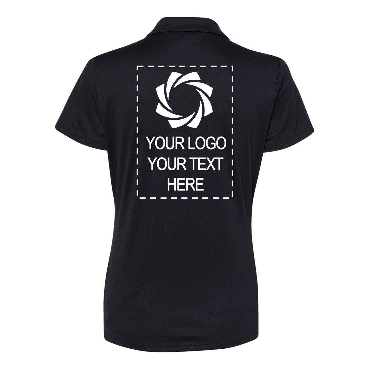 a women's black polo shirt with an image of a camera