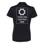 a women's black polo shirt with an image of a camera