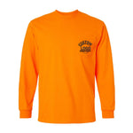 an orange long sleeved shirt with a logo on the chest
