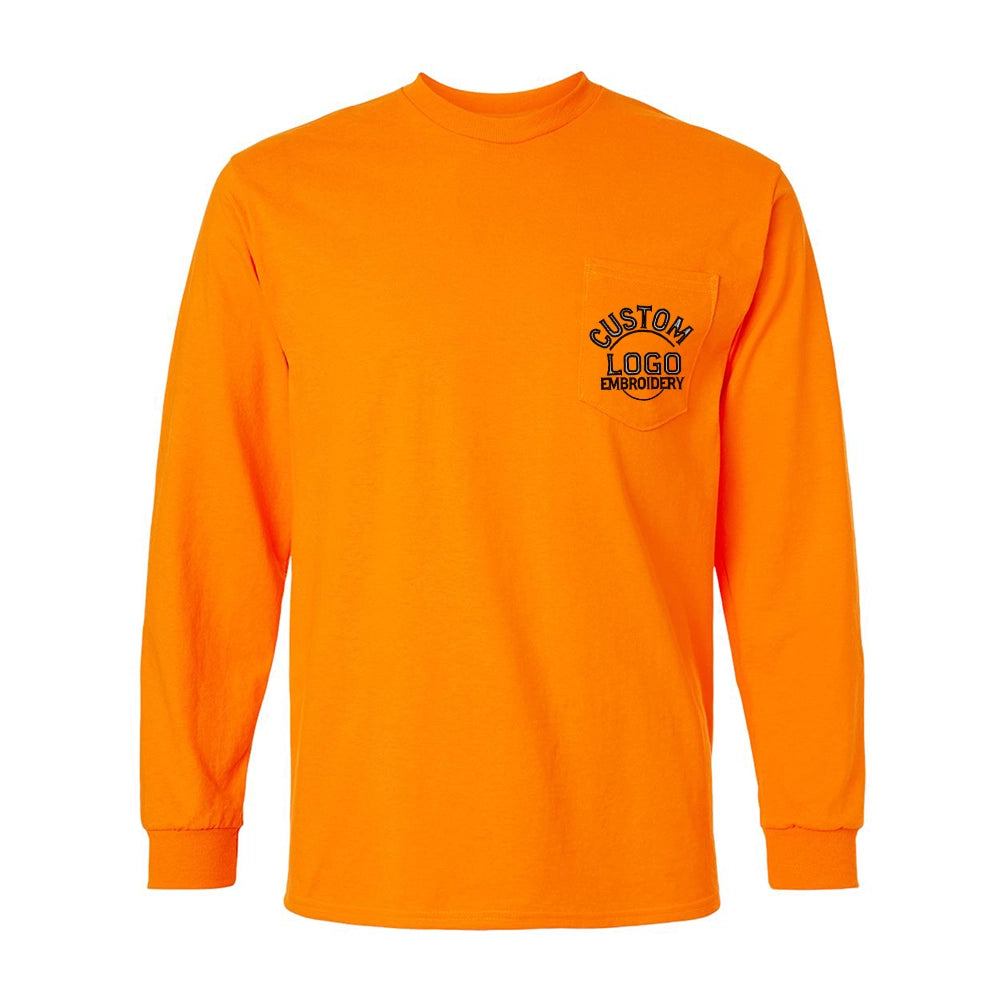 an orange long sleeved shirt with a logo on the chest