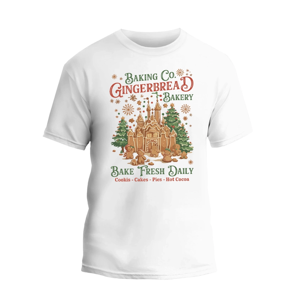 A white t-shirt with a graphic design featuring a gingerbread house and text advertising a bakery.