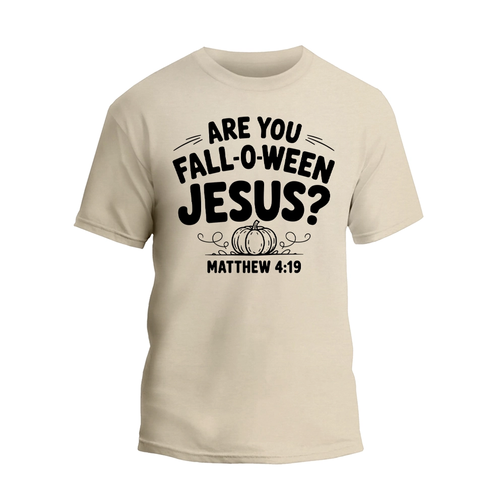 A beige t-shirt with a humorous text printed on it.