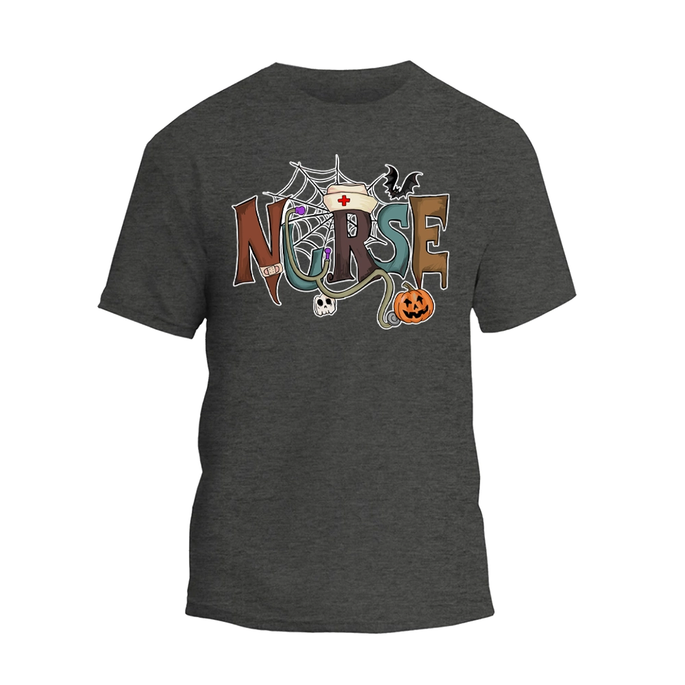 A t-shirt with the word "NURSE" printed on it, surrounded by various Halloween-themed elements such as a spider web, bats, a pumpkin, and a nurse's cap.