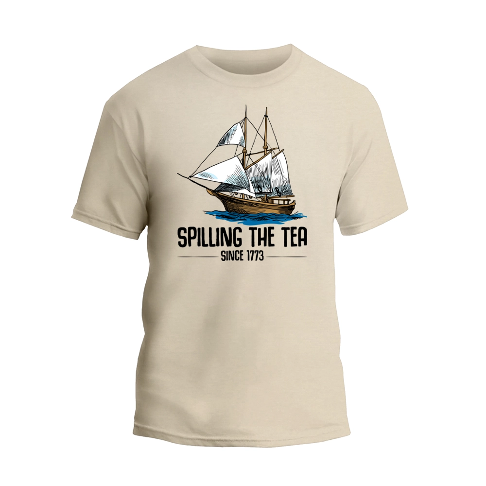 a white t - shirt with a sailing the tea logo on it