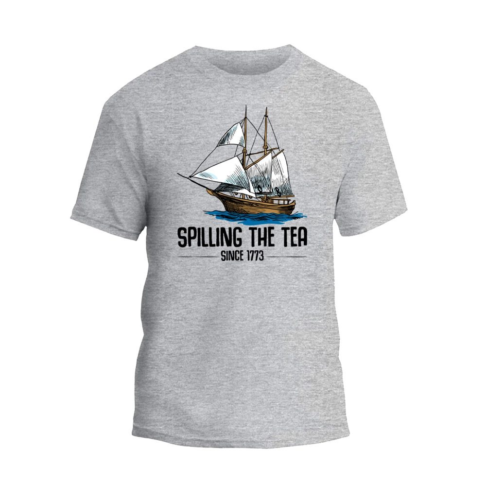 a gray t - shirt with a sailing the tea logo on it