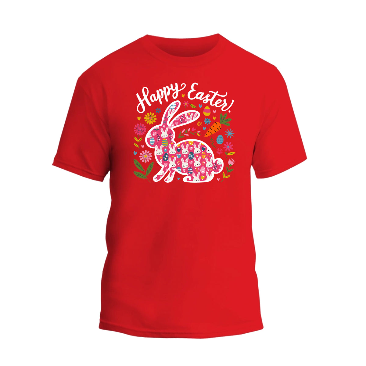 a red t - shirt with the words happy easter on it