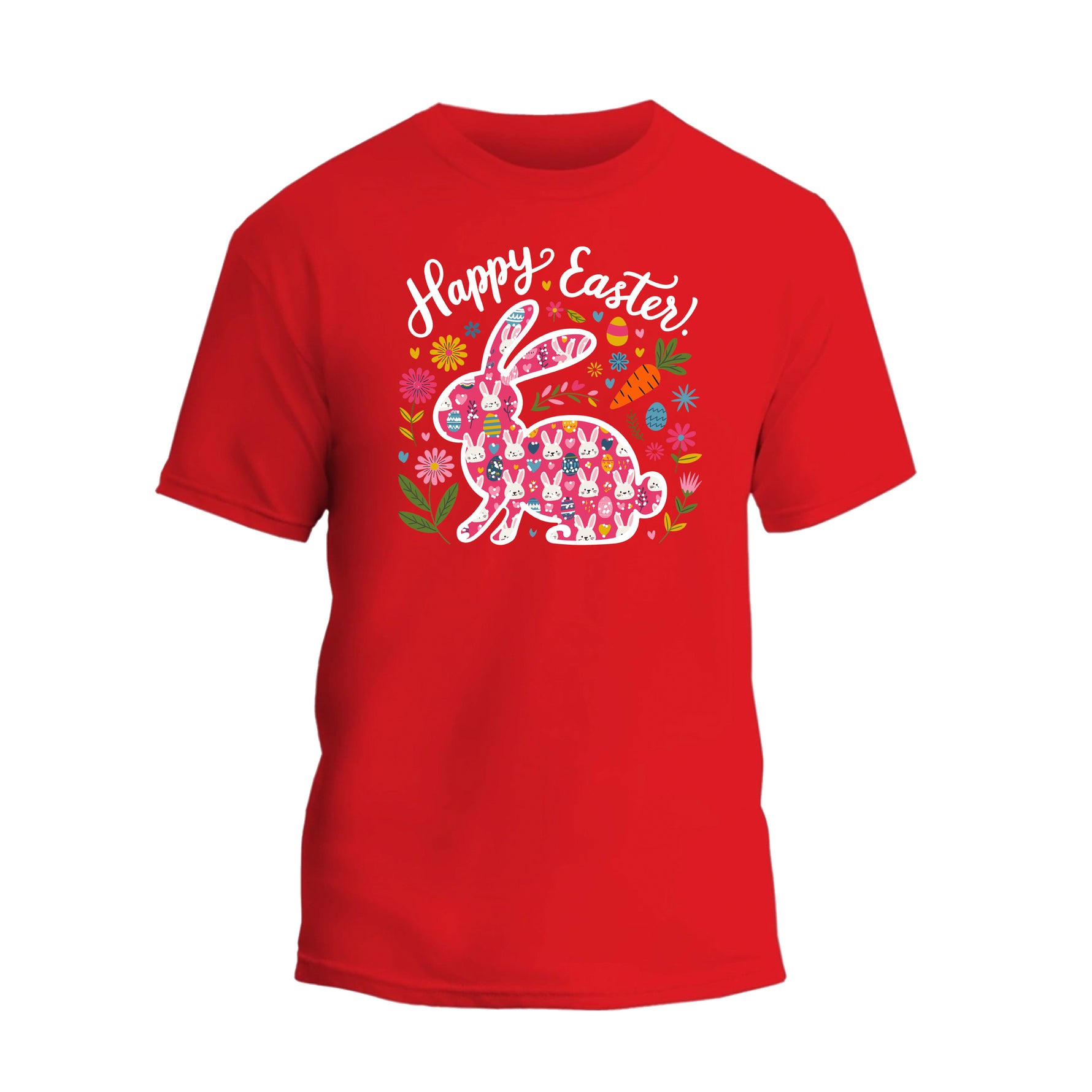 a red t - shirt with the words happy easter on it
