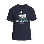 a navy t - shirt with a sailing the tea logo