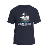 a navy t - shirt with a sailing the tea logo
