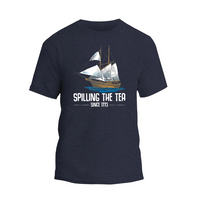 a navy t - shirt with a sailing the tea logo