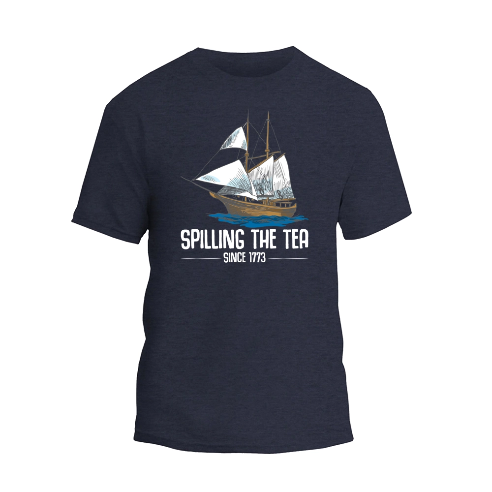 a navy t - shirt with a sailing the tea logo