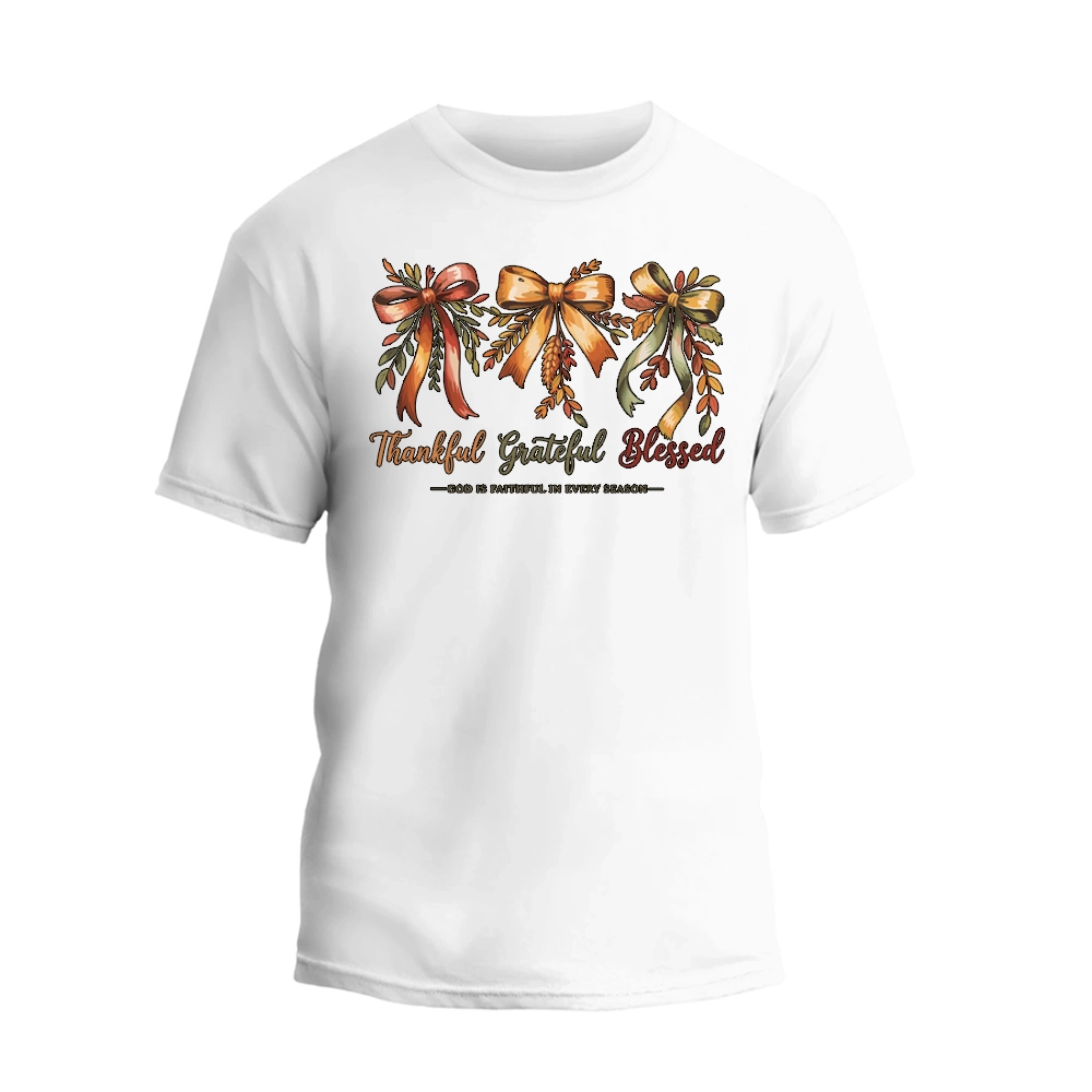 Thankful Grateful Blessed Shirt, Cozy Bow Autumn T-shirt