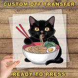 a picture of a black cat eating noodles with chopsticks