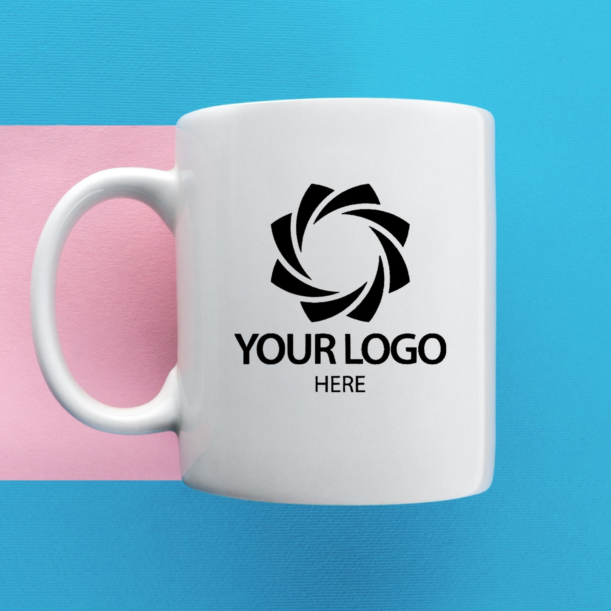 a white coffee mug on a pink and blue background