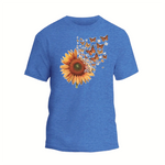 a blue t - shirt with a sunflower and butterflies on it
