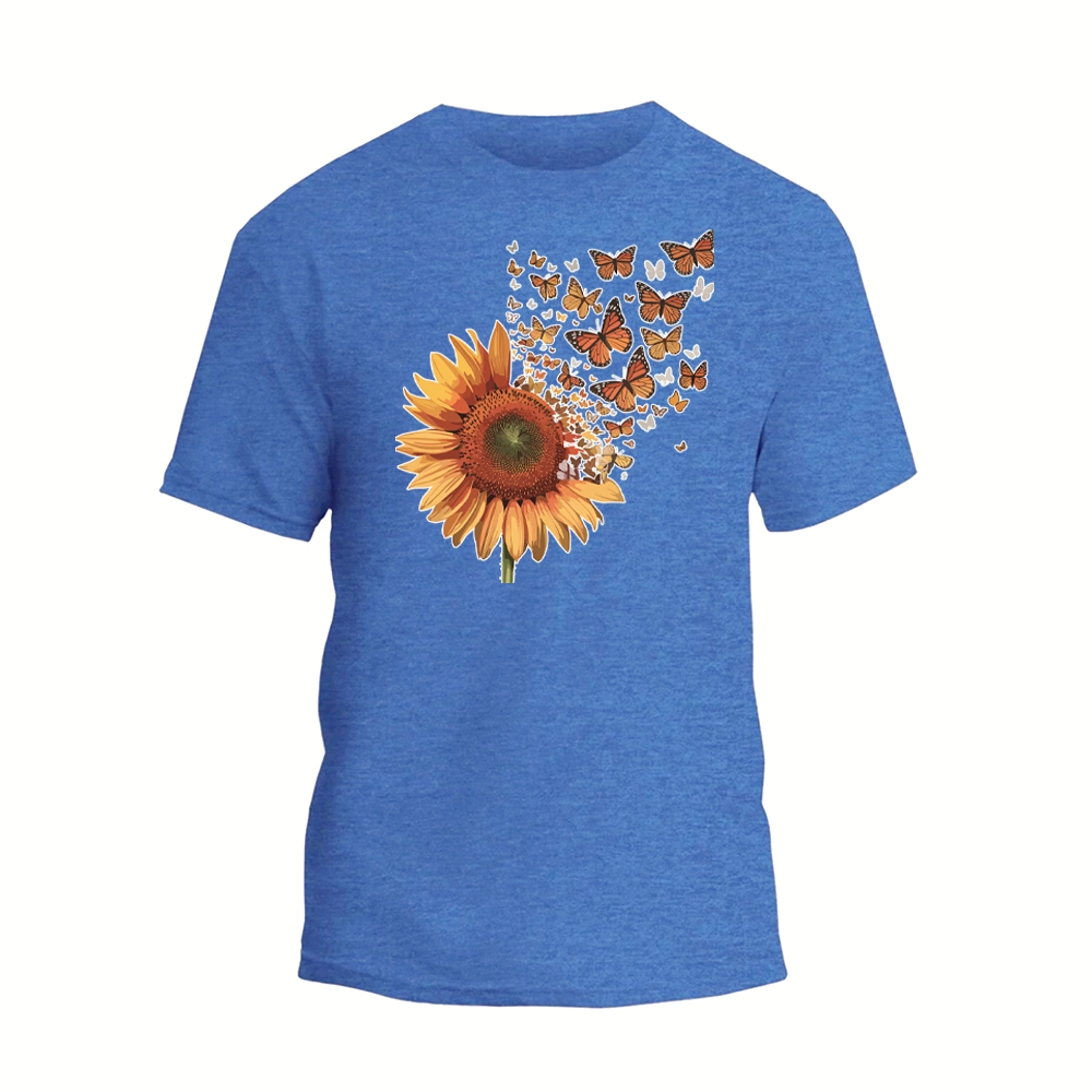 a blue t - shirt with a sunflower and butterflies on it