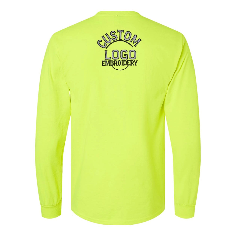 a neon yellow long sleeve shirt with a custom logo on the chest