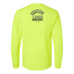 a neon yellow long sleeve shirt with a custom logo on the chest