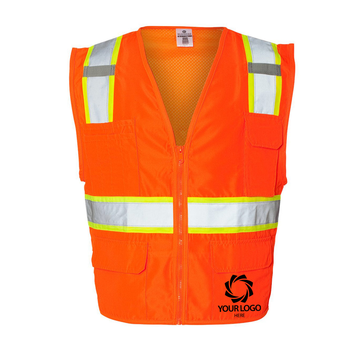 an orange safety vest with a logo on it