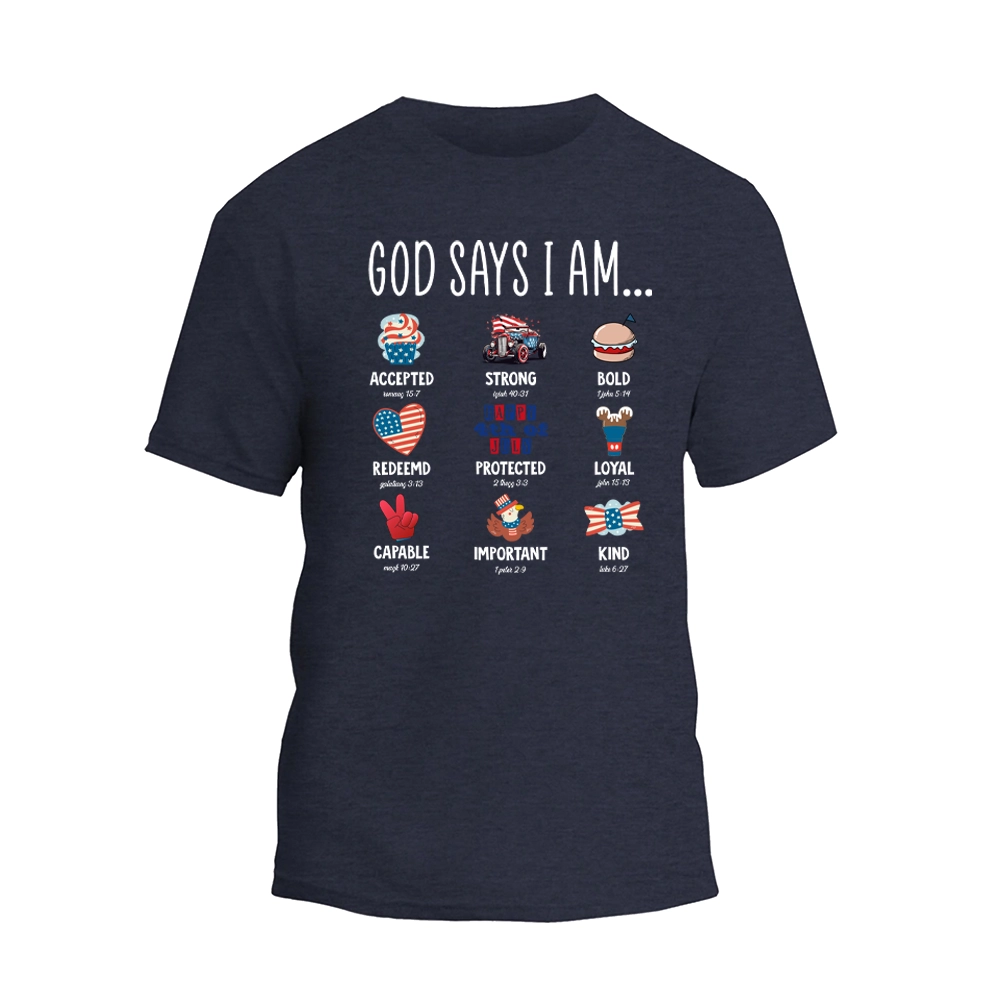 a navy t - shirt that says god says i am
