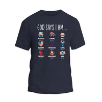 a navy t - shirt that says god says i am