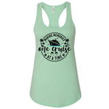 A mint green tank top with a graphic design featuring a cruise ship and the text "Making memories one cruise at a time".