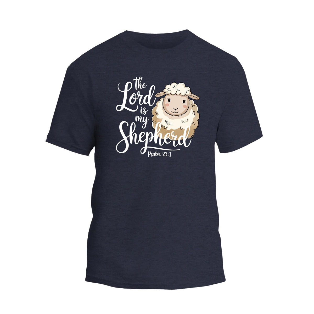 a navy t - shirt with a sheep saying the lord is my shepherd