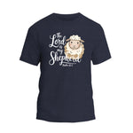 a navy t - shirt with a sheep saying the lord is my shepherd