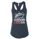 a navy blue tank top with a graphic design depicting a cruise ship and the text "Countdown is over, it's Cruise time" printed on it.