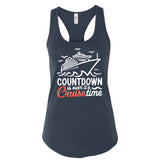 a navy blue tank top with a graphic design depicting a cruise ship and the text "Countdown is over, it's Cruise time" printed on it.