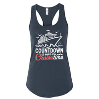 a navy blue tank top with a graphic design depicting a cruise ship and the text "Countdown is over, it's Cruise time" printed on it.
