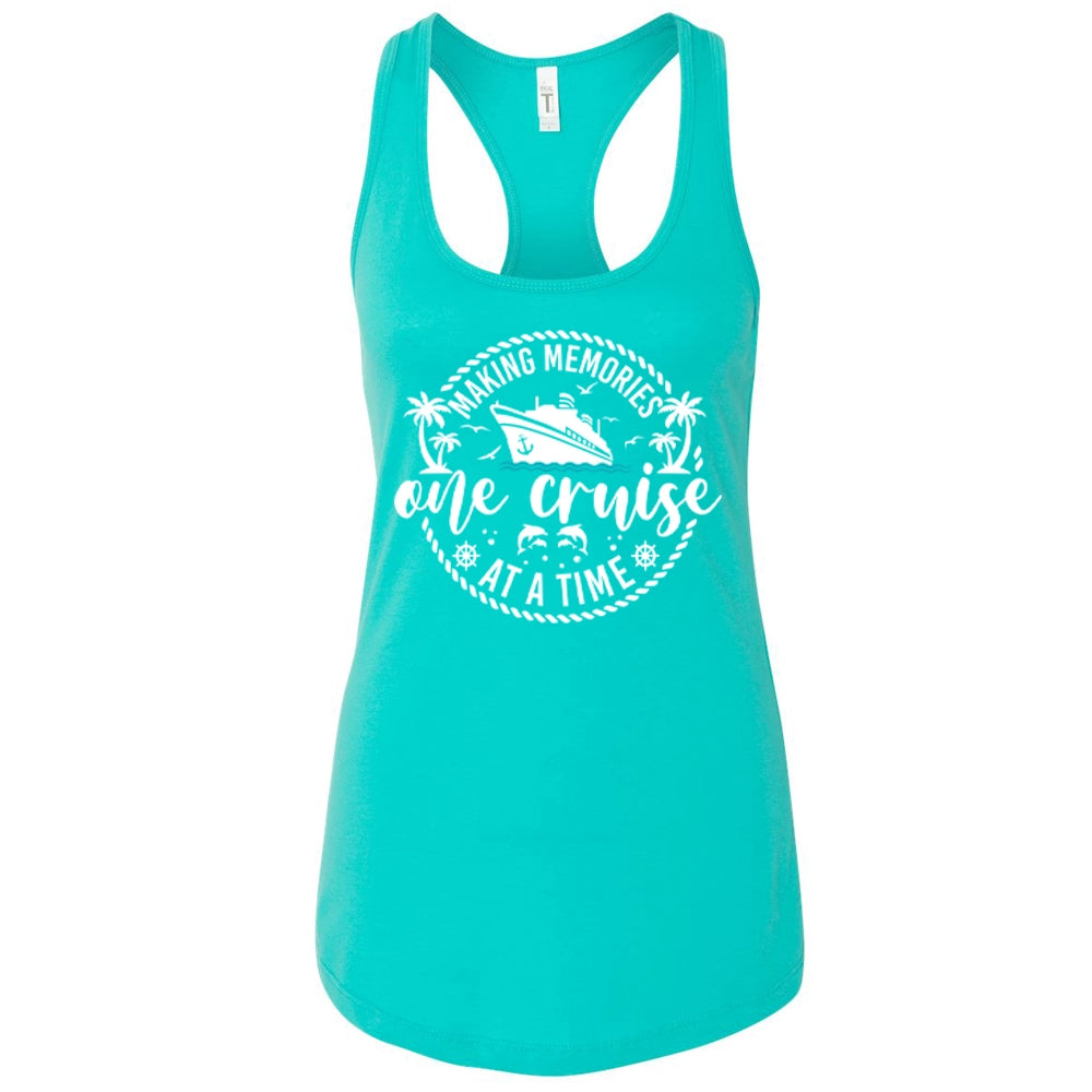 A turquoise tank top with a graphic design on it.