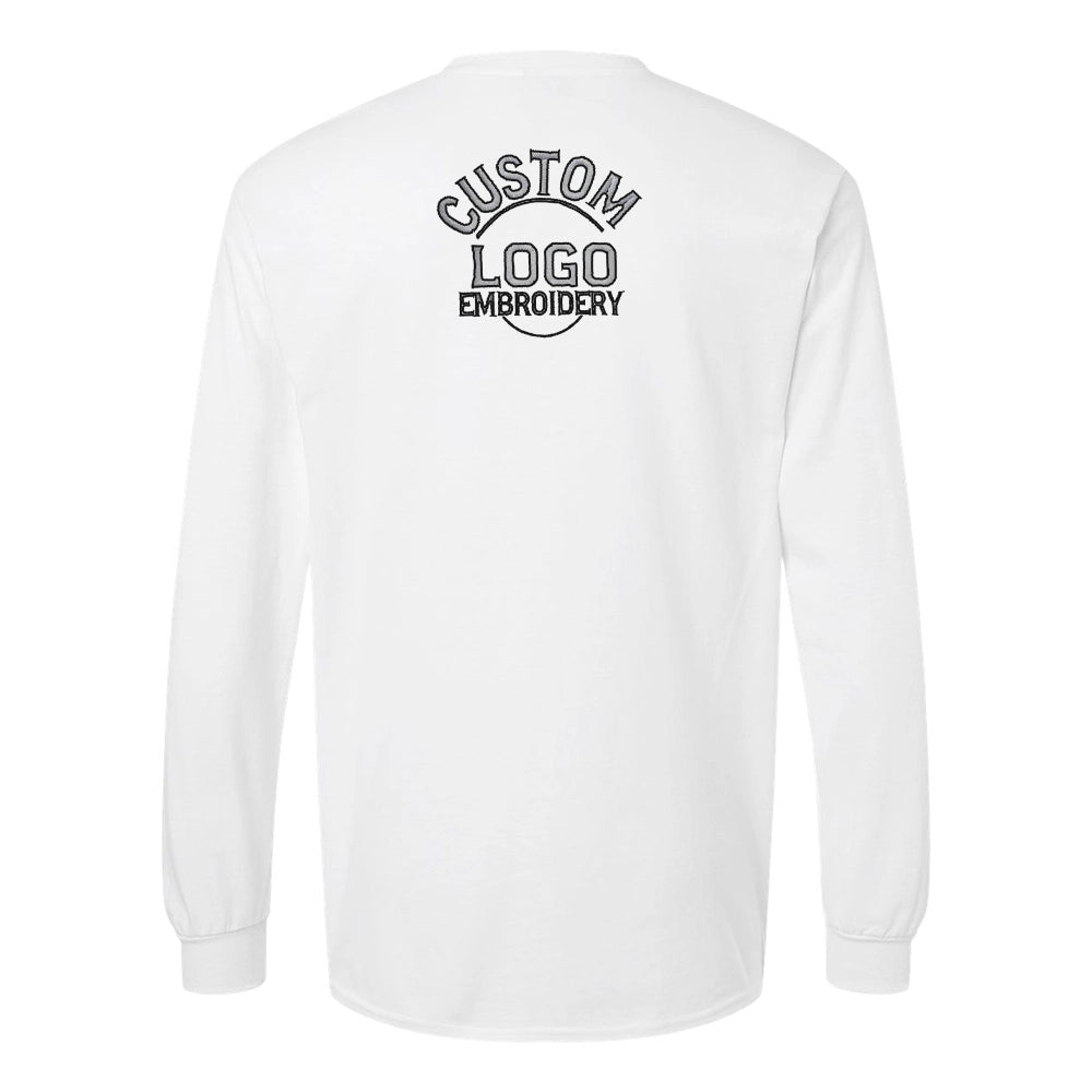 a white long - sleeved shirt that says custom logo embroidery