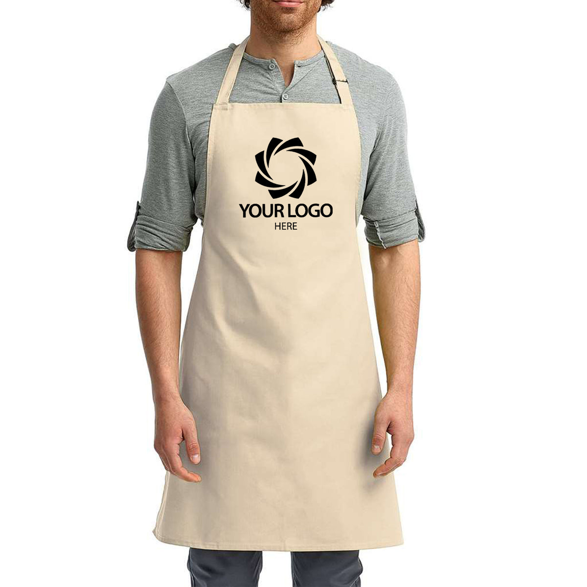 a man wearing an apron with a logo on it