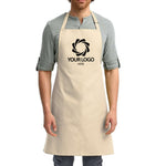 a man wearing an apron with a logo on it