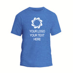 a blue t - shirt with a white logo