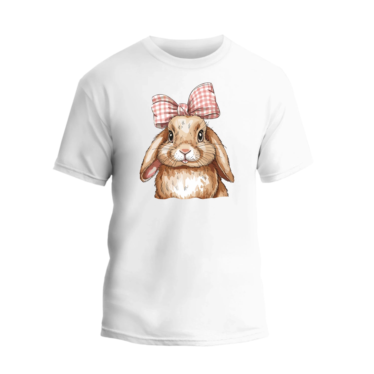 a white t - shirt with an image of a rabbit wearing a bow