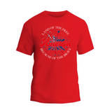 a red t - shirt with the words land of the free and an american flag