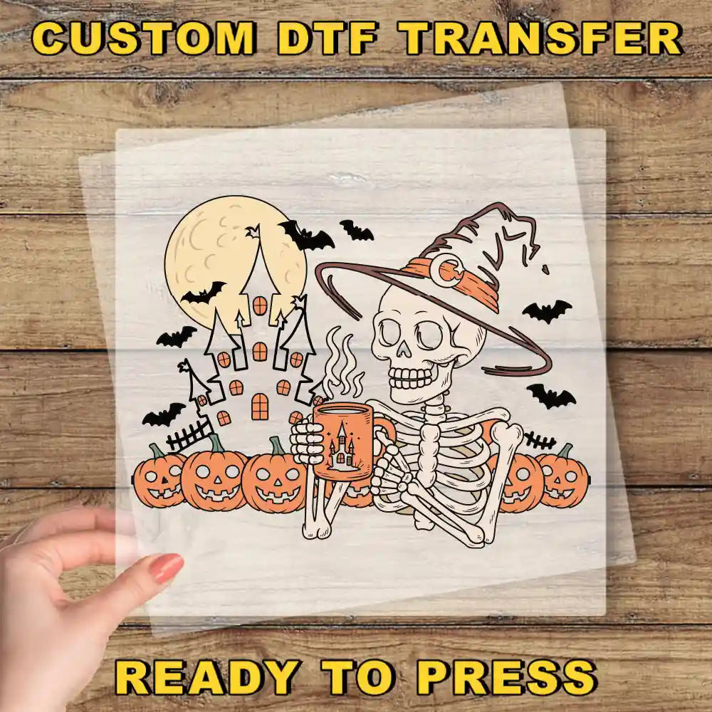 a picture of a skeleton with a hat and a pumpkin on it