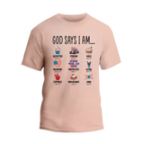 a pink t - shirt that says, good says i am