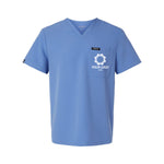 a blue shirt with a white logo on the chest