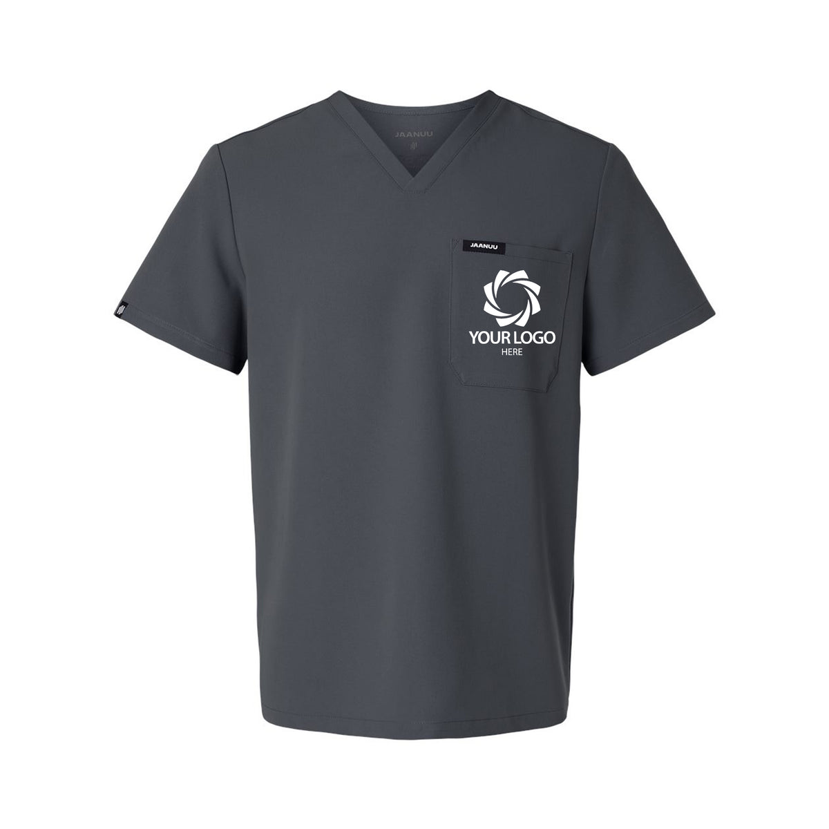 a grey shirt with a white logo on the chest