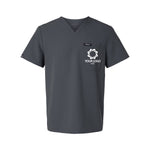a grey shirt with a white logo on the chest