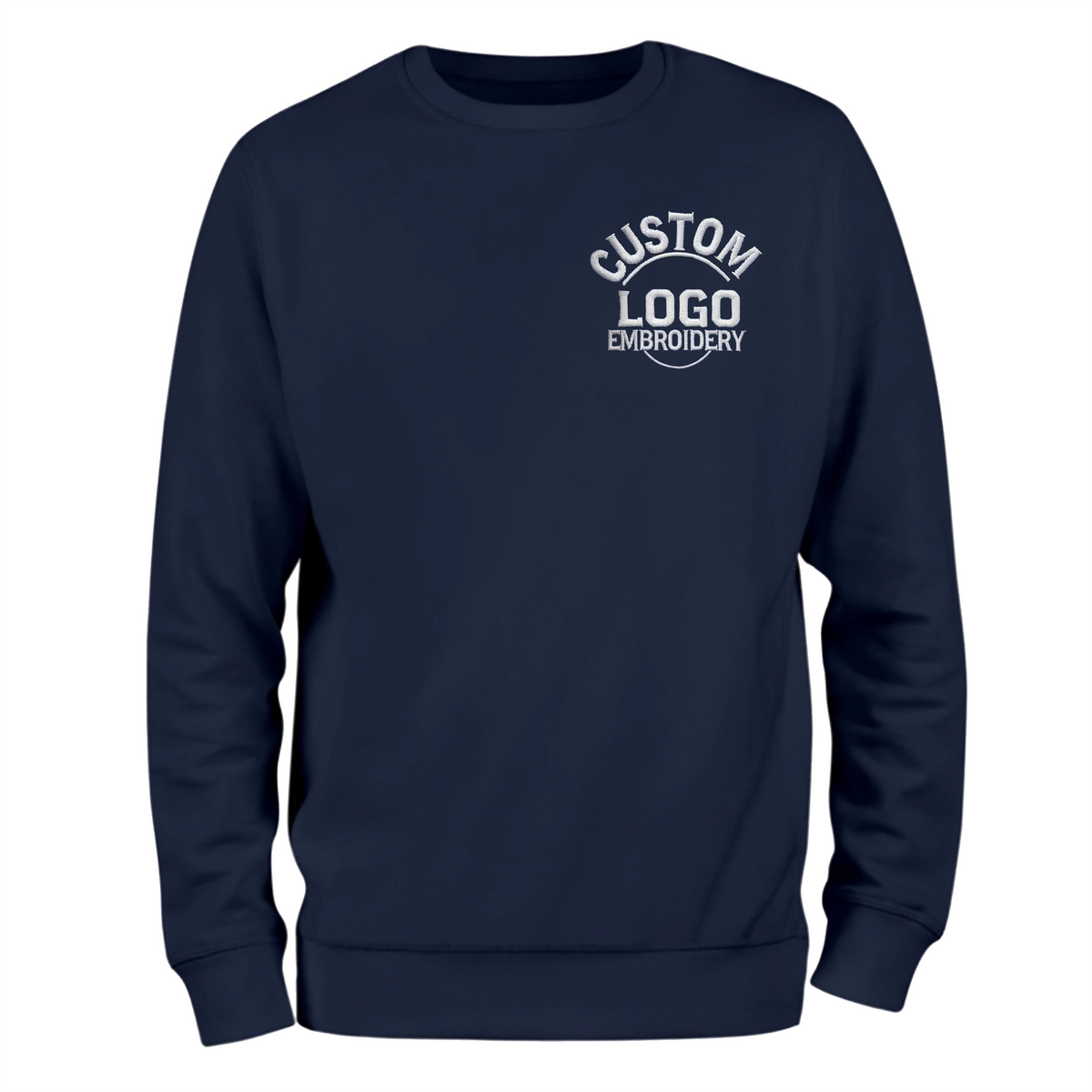 a navy sweatshirt with a custom logo on it
