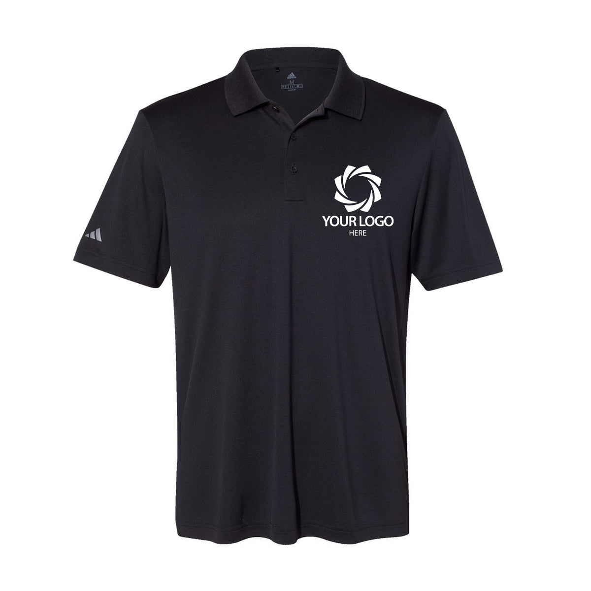 a black polo shirt with a white logo