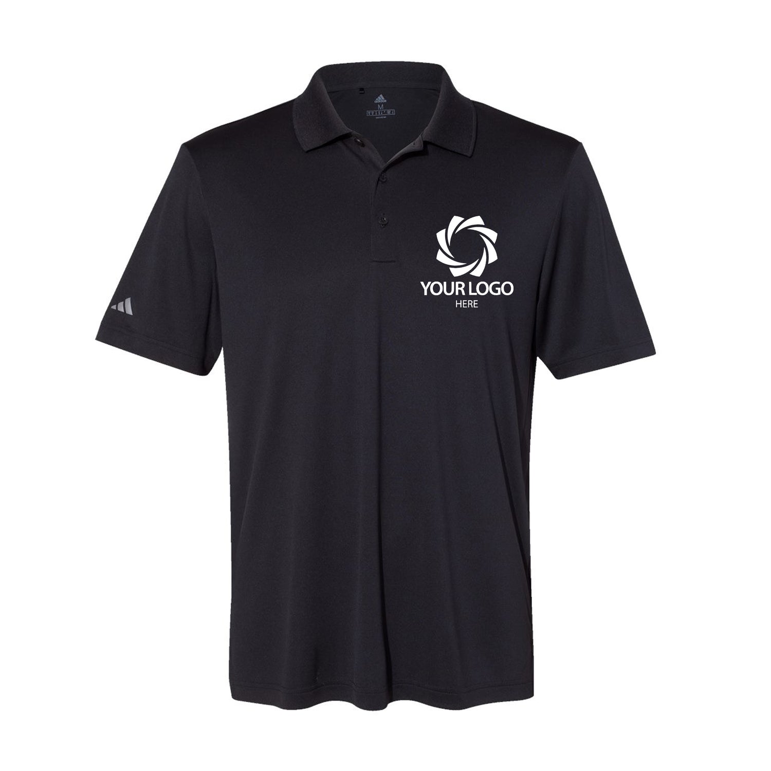 a black polo shirt with a white logo